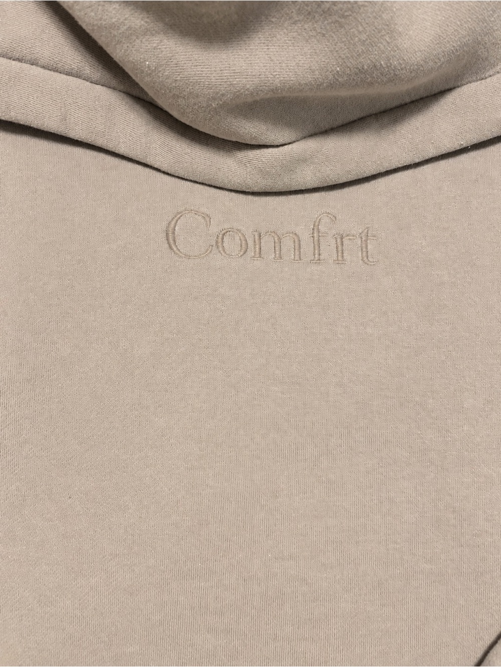 Comfrt Neutral Taupe Oversized Hoodie Size S Embroidered Logo Cozy Sweatshirt